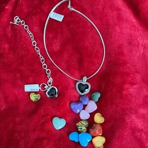 Heart Pendant Necklace and Bracelet Set - Black and Silver